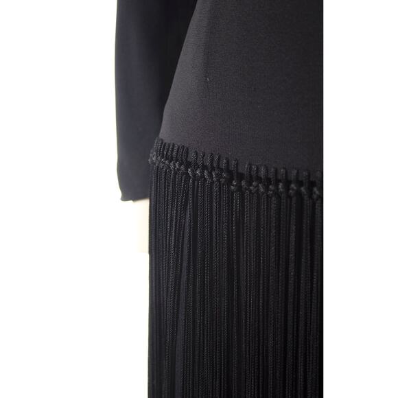 Vintage 1940s Dress 40s Fringe Tassels Black Rayon Long Sleeve Sheath Party - Picture 7 of 9